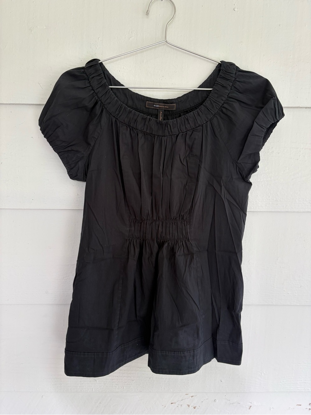 BCBGMAXAZRIA Black Puff Sleeve Empire Waist Peasant Blouse Size S Y2K